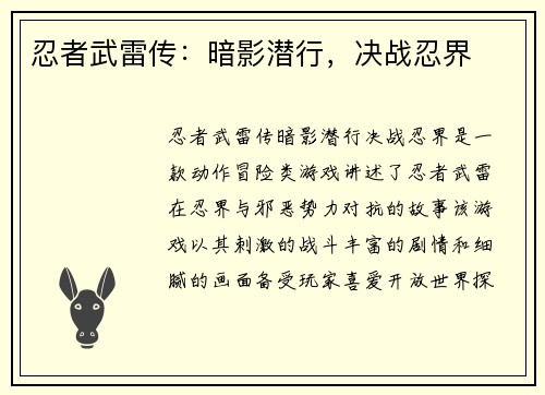 忍者武雷传：暗影潜行，决战忍界